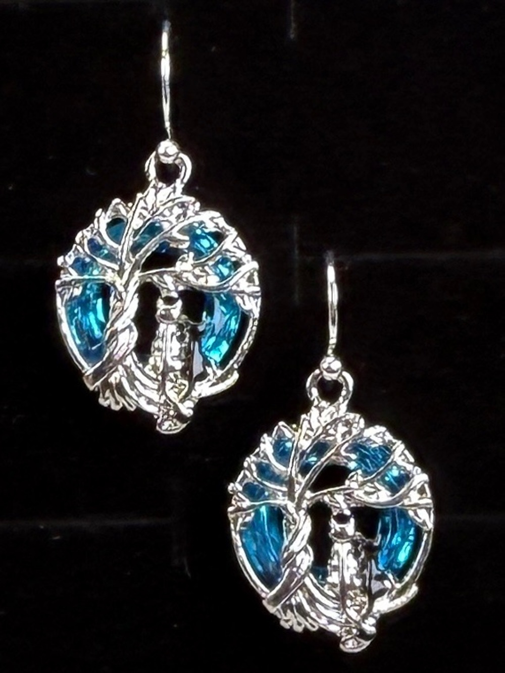 Silvertone and Blue Tree of Life Pendant Pierced Earrings